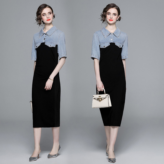 牛仔拼接短袖時尚設計感假兩件氣質包臀裙子