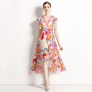 雪紡度假風印花洋裝兩件式不規則係帶長裙