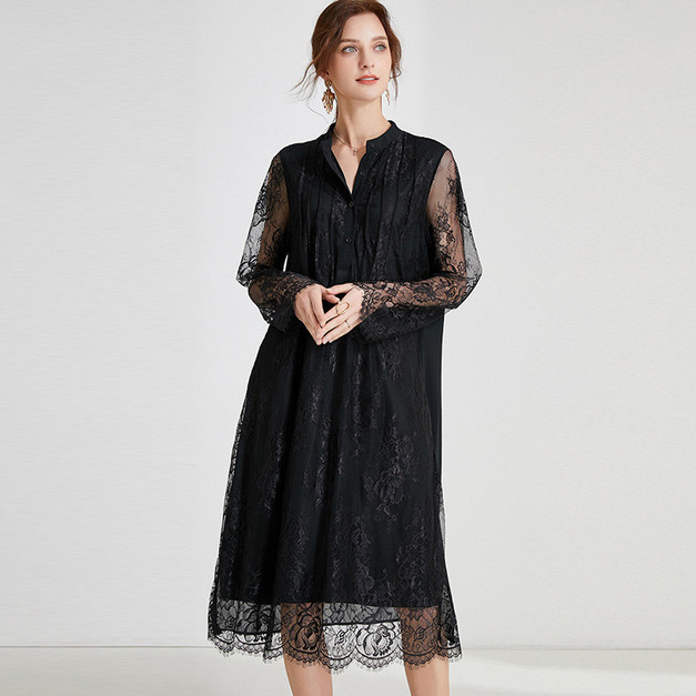 歐洲站洋氣顯瘦大碼蕾絲中長版洋裝