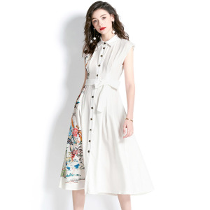 茶歇裙高級感翻領印花繫帶收腰過膝無袖背心裙