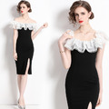 赫本風輕奢小眾收腰開叉一字肩小禮服平時可穿