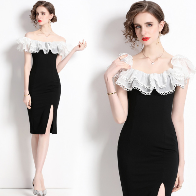 赫本風輕奢小眾收腰開叉一字肩小禮服平時可穿