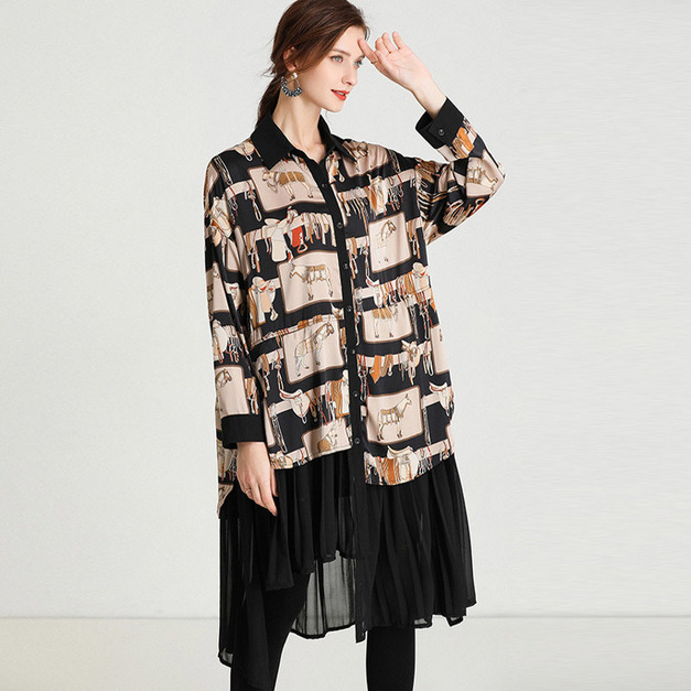 大碼女裝輕奢時尚拼接壓褶中長版寬鬆雪紡開衫