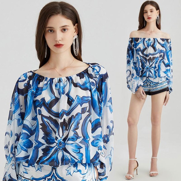 青花瓷小個子蝙蝠袖圓領寬鬆休閒上衣短褲兩件式