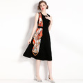 小黑裙印花絲巾裝飾優雅氣質修身無袖背心洋裝_1