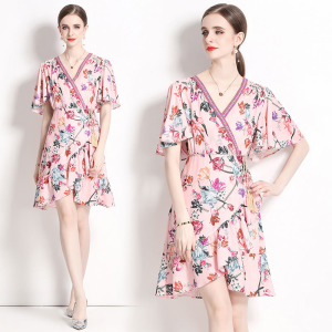 歐洲復古v領法式宮廷風雪紡收腰短袖印花洋裝