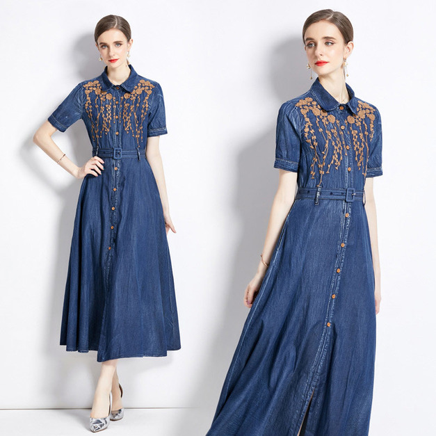 牛仔洋裝重工刺繡修身收腰短袖天絲長裙襯衫裙
