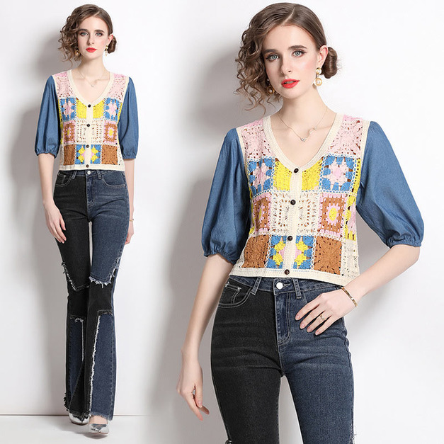 復古度假風鏤空勾花套頭小衫西部牛仔長褲兩件式