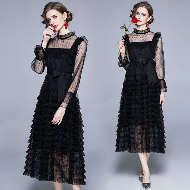 法式氣質復古立領喇叭長袖網紗長裙蛋糕裙洋裝