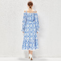 法式度假風優雅青花瓷印花長裙一字肩燈籠袖洋裝_2