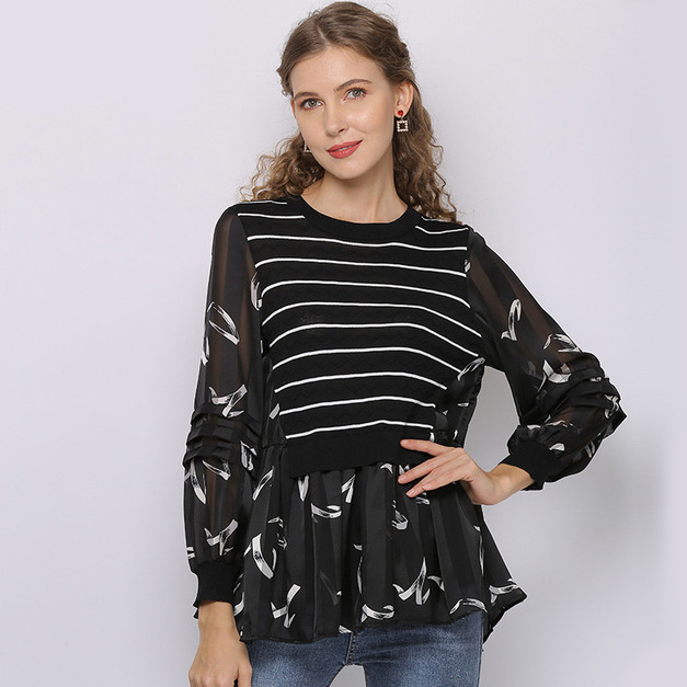 歐美圓領針織衫拼接長袖條紋印花襯衣