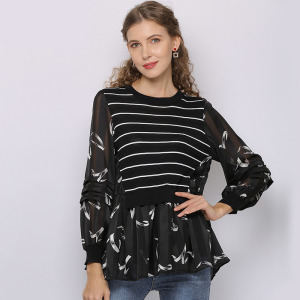 歐美圓領針織衫拼接長袖條紋印花襯衣