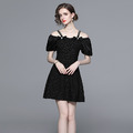 時尚方領蝴蝶結泡泡袖洋裝收腰顯瘦小黑裙_1