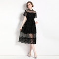 氣質蕾絲拼接網紗收腰顯瘦短袖長裙洋裝_1
