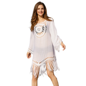 歐美手鉤性感白色流蘇沙灘服罩衫裙