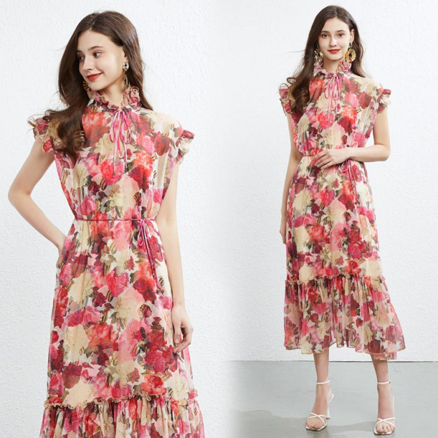 氣質木耳花邊立領無袖兩件式套裝印花長裙