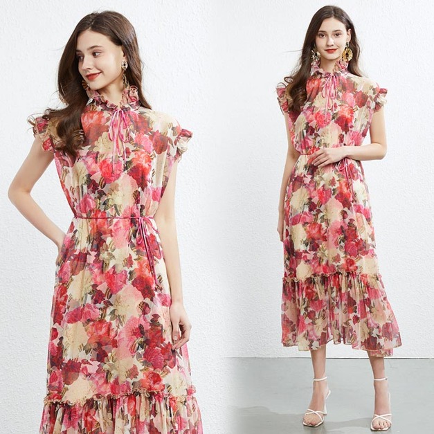 氣質木耳花邊立領無袖兩件式套裝印花長裙