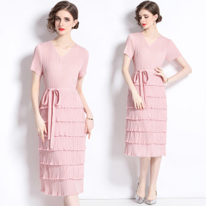 三宅裙高端褶皺拼接減齡蛋糕裙繫帶顯瘦