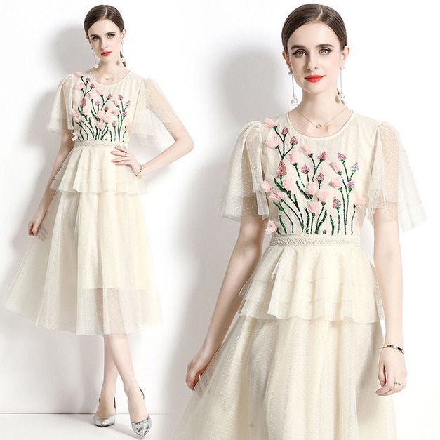 圓領荷葉短袖亮片立體花網紗飄逸大擺公主風洋裝