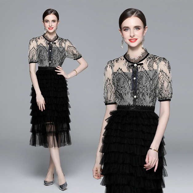 氣質蝴蝶結蕾絲拼接網紗蛋糕裙中長版洋裝