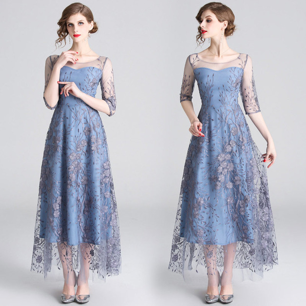 歐美宴會氣質長版網紗刺繡洋裝