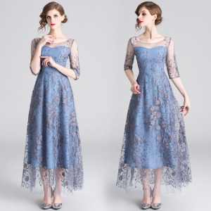 歐美宴會氣質長版網紗刺繡洋裝