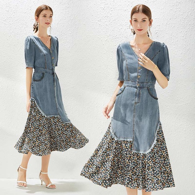 泡泡袖碎花拼接牛仔洋裝V領中長版長裙薄版