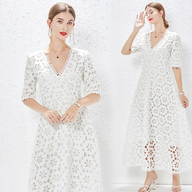 氣質長裙v領短袖收腰鏤空素色大擺洋裝