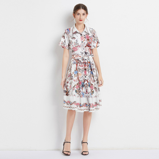 歐洲印花圖案翻領短袖復古A字顯瘦洋裝配腰帶