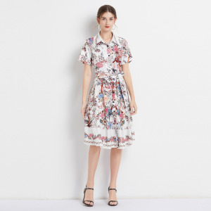 歐洲印花圖案翻領短袖復古A字顯瘦洋裝配腰帶