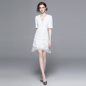 短袖洋裝收腰皺褶修身網紗拼接包臀裙