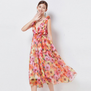 歐美法式度假風V領無袖真絲皺印花洋裝