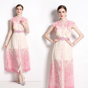 輕奢復古宮廷風氣質飛飛袖立領收腰單排扣印花洋裝