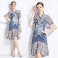 印花拼接裙子氣質牛仔繫帶法式中長版洋裝