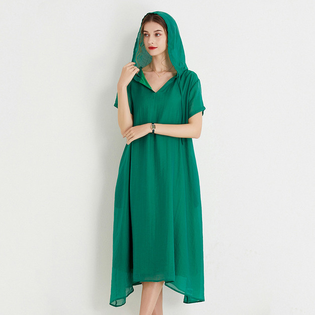 天絲雪紡大碼連帽裙子減齡時尚中長裙洋裝
