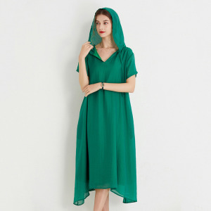 天絲雪紡大碼連帽裙子減齡時尚中長裙洋裝