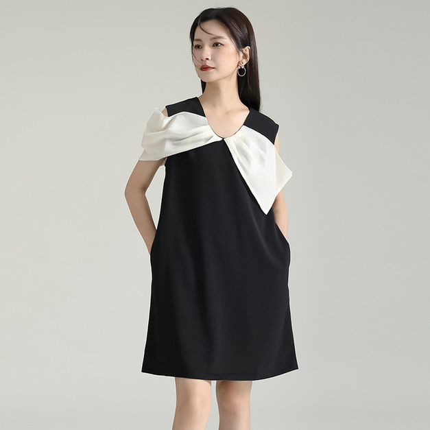 復古撞色拼接蝴蝶結背心裙露肩裙子洋裝