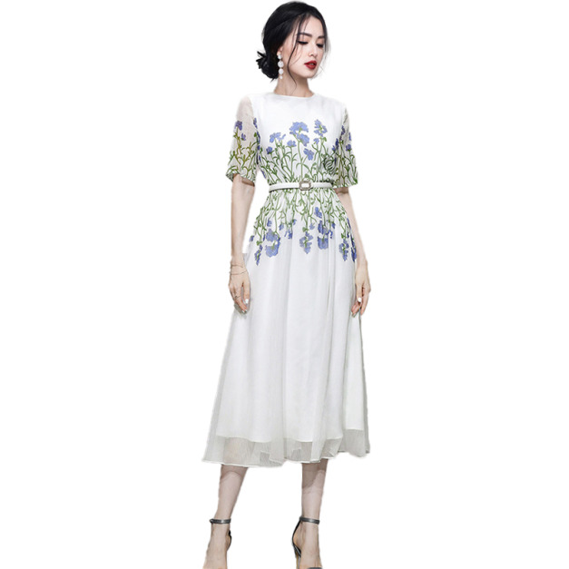氣質短袖收腰顯瘦印花雪紡洋裝長裙