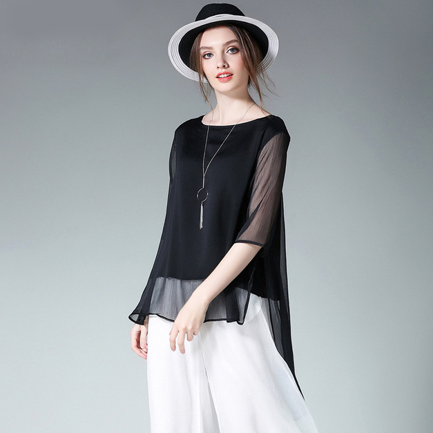 前短後長不規則雪紡襯衫寬鬆大碼雪紡上衣