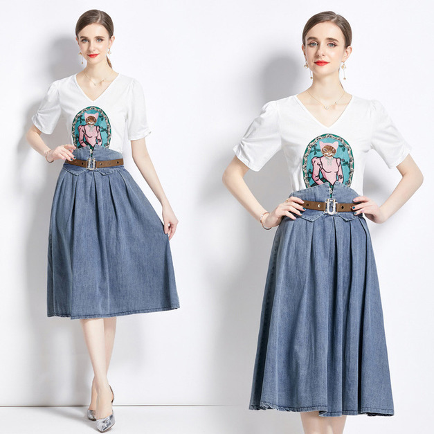 歐洲V領T恤上衣+牛仔顯瘦高腰氣質傘裙兩件式裝