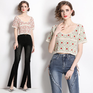 圓領短袖幾何圖案刺繡衫 流蘇牛仔褲套裝休閒