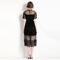 氣質蕾絲拼接網紗收腰顯瘦短袖長裙洋裝_2