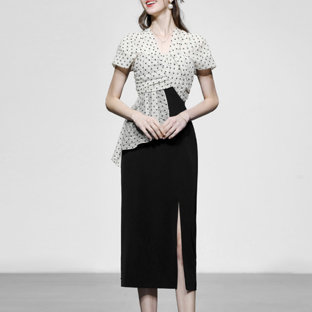 氣質法式修身收腰顯瘦點點波洋裝長裙裙子