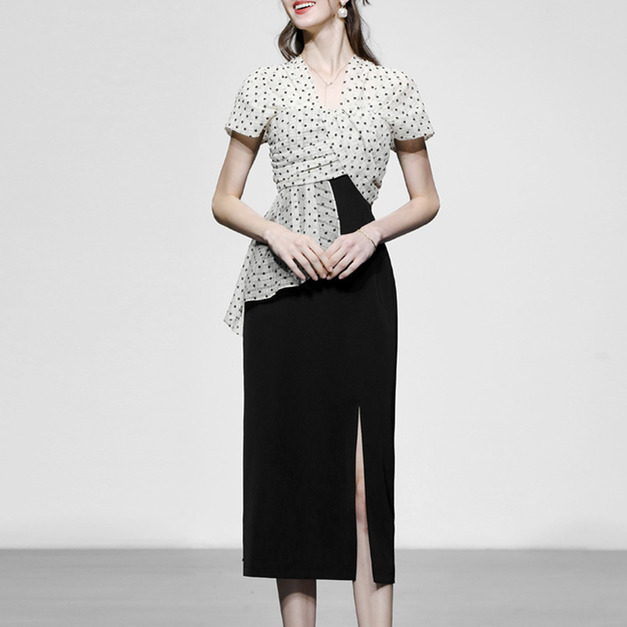 氣質法式修身收腰顯瘦點點波洋裝長裙裙子