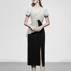 氣質法式修身收腰顯瘦點點波洋裝長裙裙子