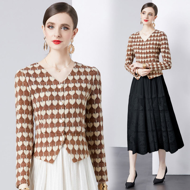 氣質時尚磨毛蕾絲小衫+提花半身裙兩件式