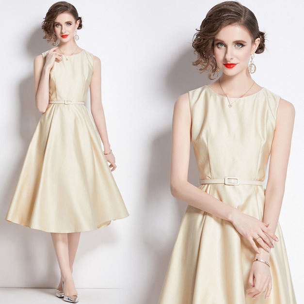 輕奢名媛氣質無袖圓領收腰顯瘦a字亮面禮服洋裝