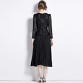 氣質復古修身顯瘦蕾絲拼接中長版百褶洋裝_2