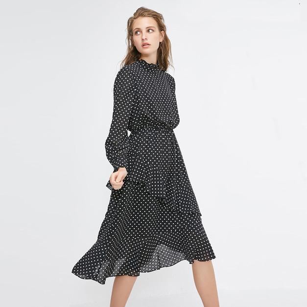 高腰長袖點點波蛋糕洋裝時尚百搭