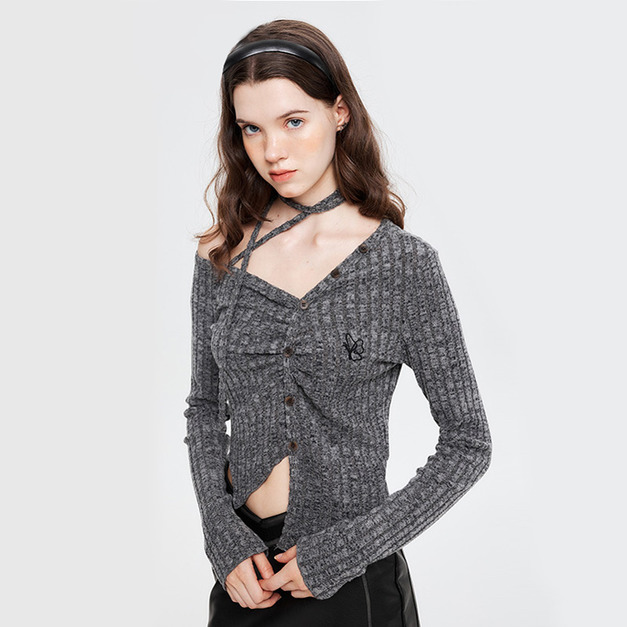 歐美開襟衫T恤斜領設計感小眾收腰顯瘦短上衣